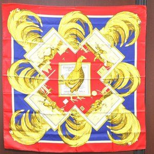 Authentic HERMES Carre 90 Scarf "COMBATS DE COQS" Silk Red Blue